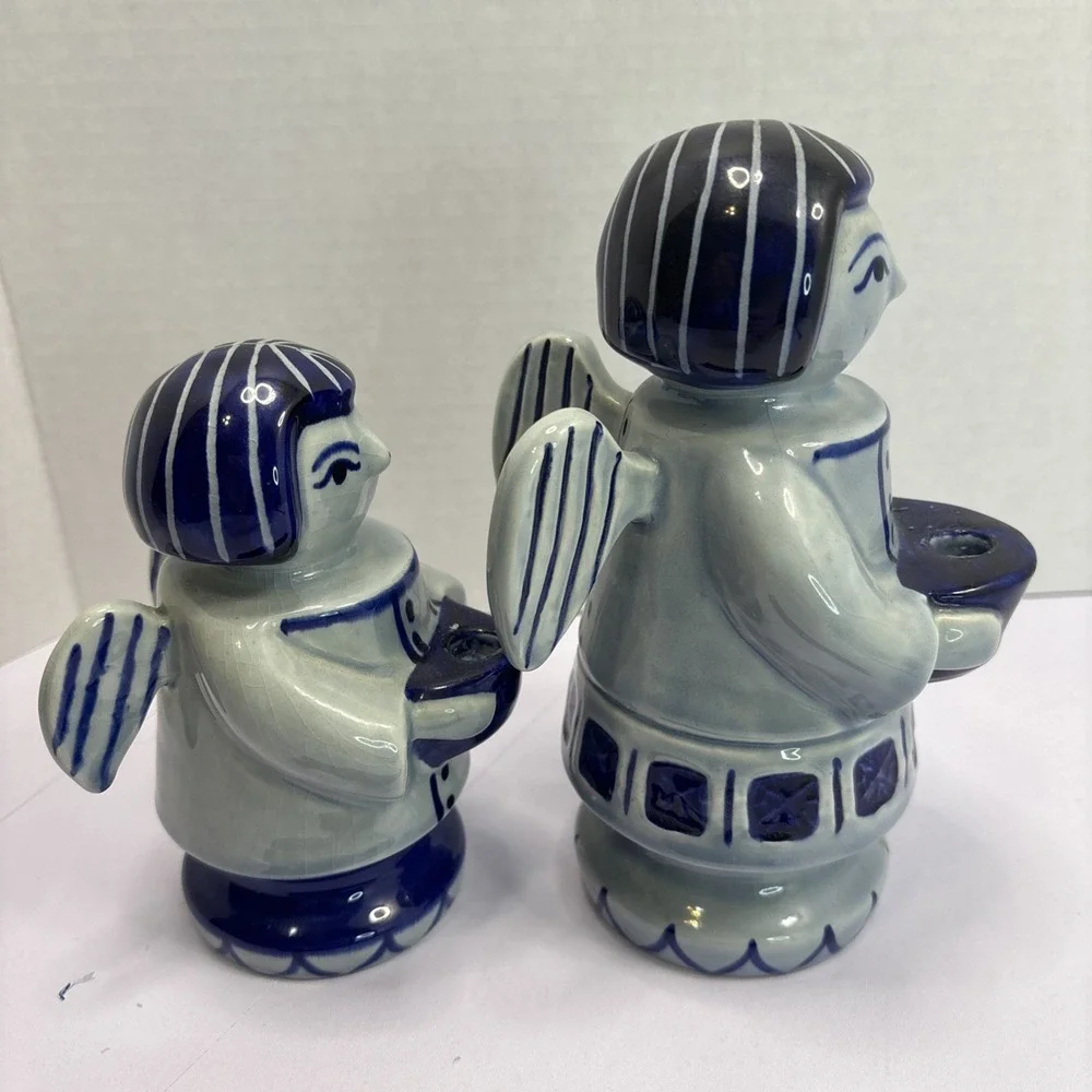 Pair Of Gzhel Russia Blue & White Porcelain Angel Candle Holder 5